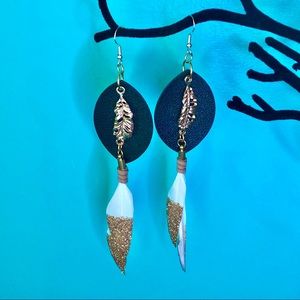 Vegan Leather and Gold and White Feather Earrings